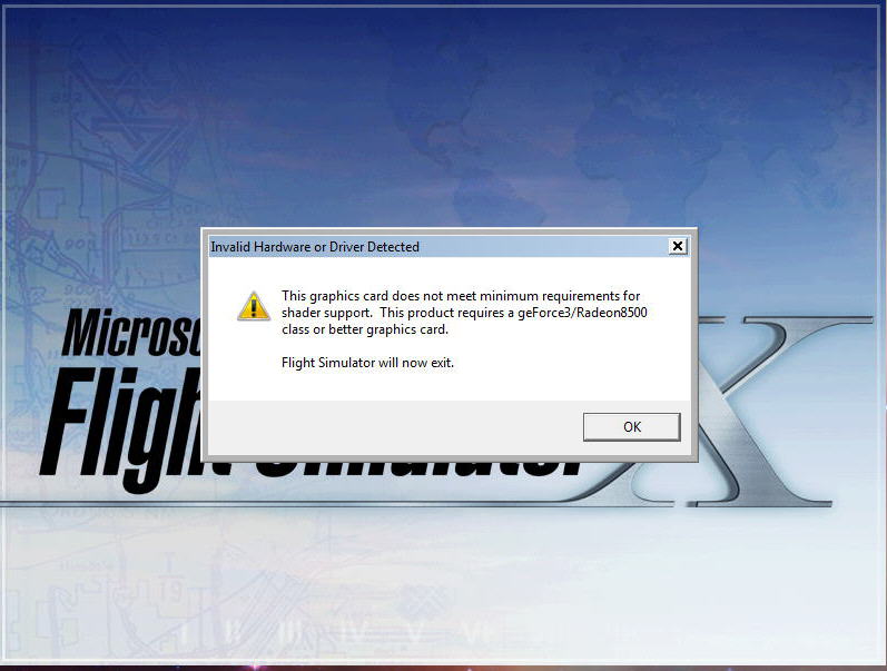 Video hardware. Ошибка Графикс. При запуске Flight Simulator зависает на заставке. Низкоскоростная карта ошибка. После установки sp2 в FSX выдает ошибку видеокарты.